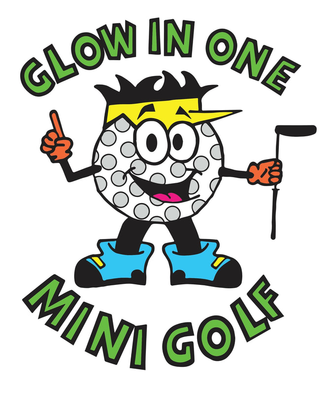 Glow In One Mini Golf logo: Dimples (a cartoon golf ball holding a golf club)