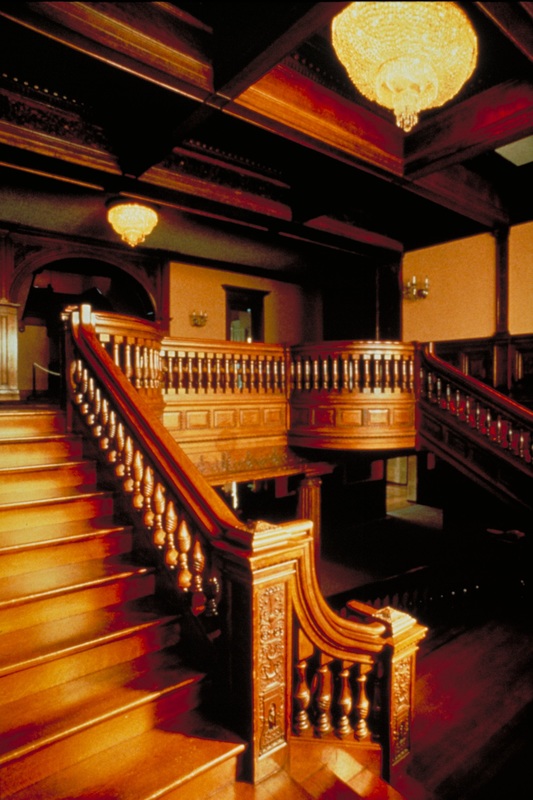Interior wood staircase of the Victorian James J. Hillhouse