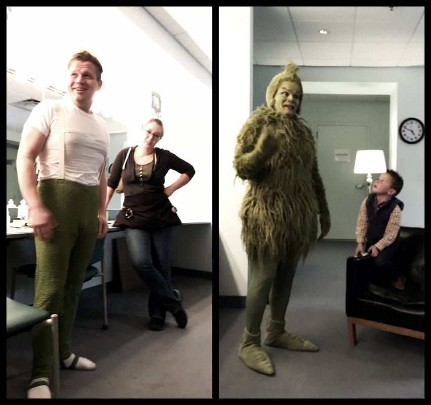 Pictured: Left, actor Reed Sigmund poses in the dressing room. Right, Reed dressed as the Grinch with green makeup, wig, and costume.